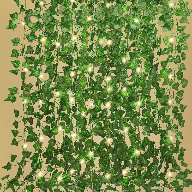 Outdoor Lighting Tree - พวงหรีดใบไม้ไฟสายประดับ LED สีเขียวไม้เลื้อย210ซม. สำหรับตกแต่งผนังงานแต่งงานสำนักงานห้องสวน