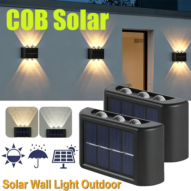 Outdoor Lighting Garden - โคมไฟติดผนังพลังงานแสงอาทิตย์ COB กันน้ำสำหรับภายนอกอาคาร ไฟส่องขึ้นลงพร้อมเลนส์นูน สำหรับสวน ถนน