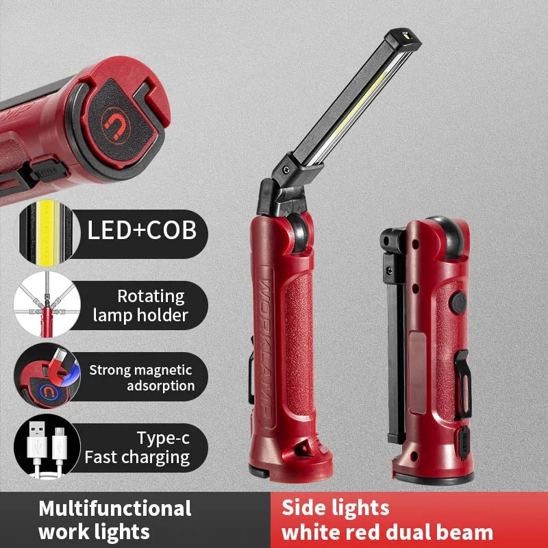 Outdoor Lighting B&Q - COB LED ไฟทำงานแบบชาร์จไฟได้ไฟฉายพับได้กลางแจ้งแคมป์ปิ้งซ่อมรถยนต์โคมไฟแบบพกพาพร้อมตะขอแขวนแม่เหล็ก
