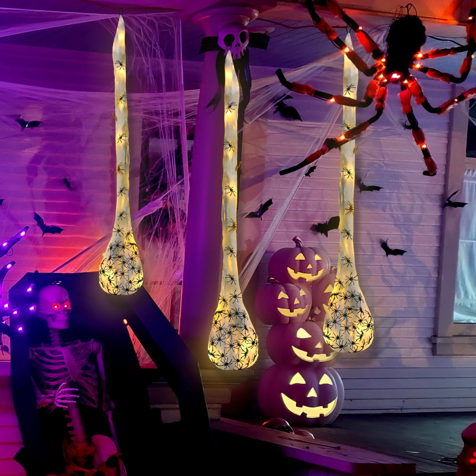 Outdoor Lighting Tree - 1-3 ชิ้น ของตกแต่งฮาโลวีน ใยแมงมุมพร้อมไข่แมงมุม สำหรับตกแต่งภายในและภายนอกบ้าน สวน