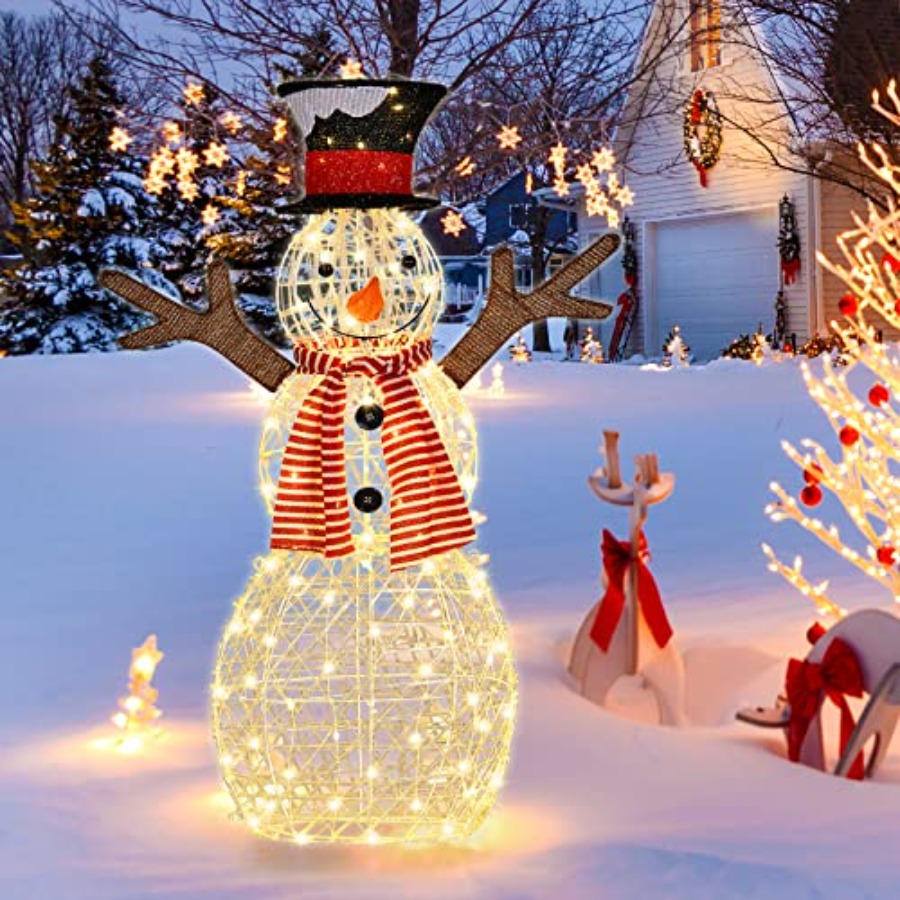 Outdoor Lighting Ground - ของตกแต่งสนามหญ้ารูปมนุษย์หิมะพร้อมไฟสำหรับเทศกาลคริสต์มาส, มนุษย์หิมะสีขาวทำจากพีวีซีพร้อมไฟ LED สีขาวอบอุ่น 80 ดวง,