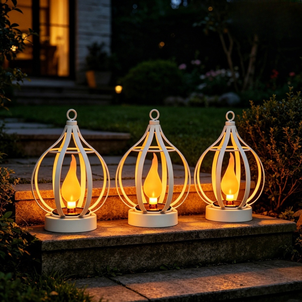 Solar Lantern Hanging - โคมไฟพลังงานแสงอาทิตย์สำหรับใช้งานกลางแจ้ง กันน้ำระดับ IP65 พร้อมเอฟเฟกต์เปลวไฟกระพริบ มาพร้อมตะขอแขวน เหมาะสำหรับตกแต่งสวน