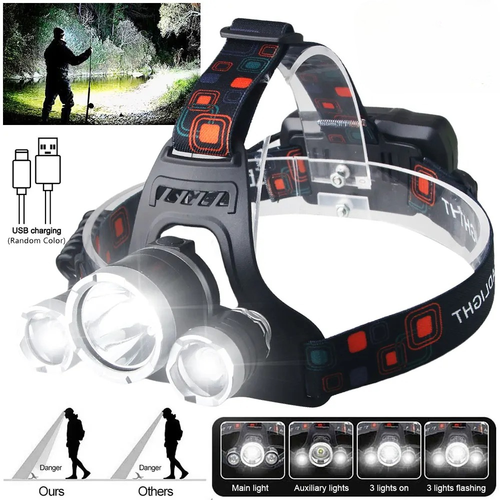 Outdoor Lighting Battery Operated - ไฟฉายคาดศีรษะ LED กำลังสูง แบตเตอรี่แบบชาร์จ 18650 90